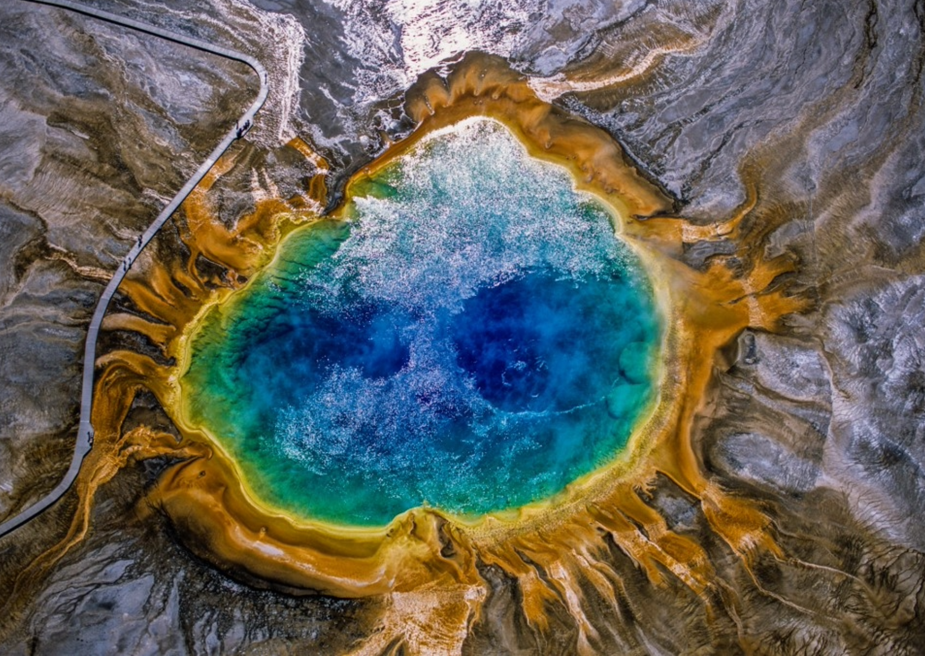 a hot spring in yellowstone with orange, yellow, green, and blue water
