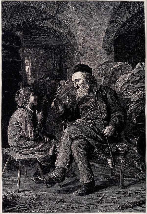 An intricate black-and-white engraving of a bearded elderly man in a skullcap sitting in a cluttered room, smiling and gesturing as he talks to a young boy seated on a wooden stool.