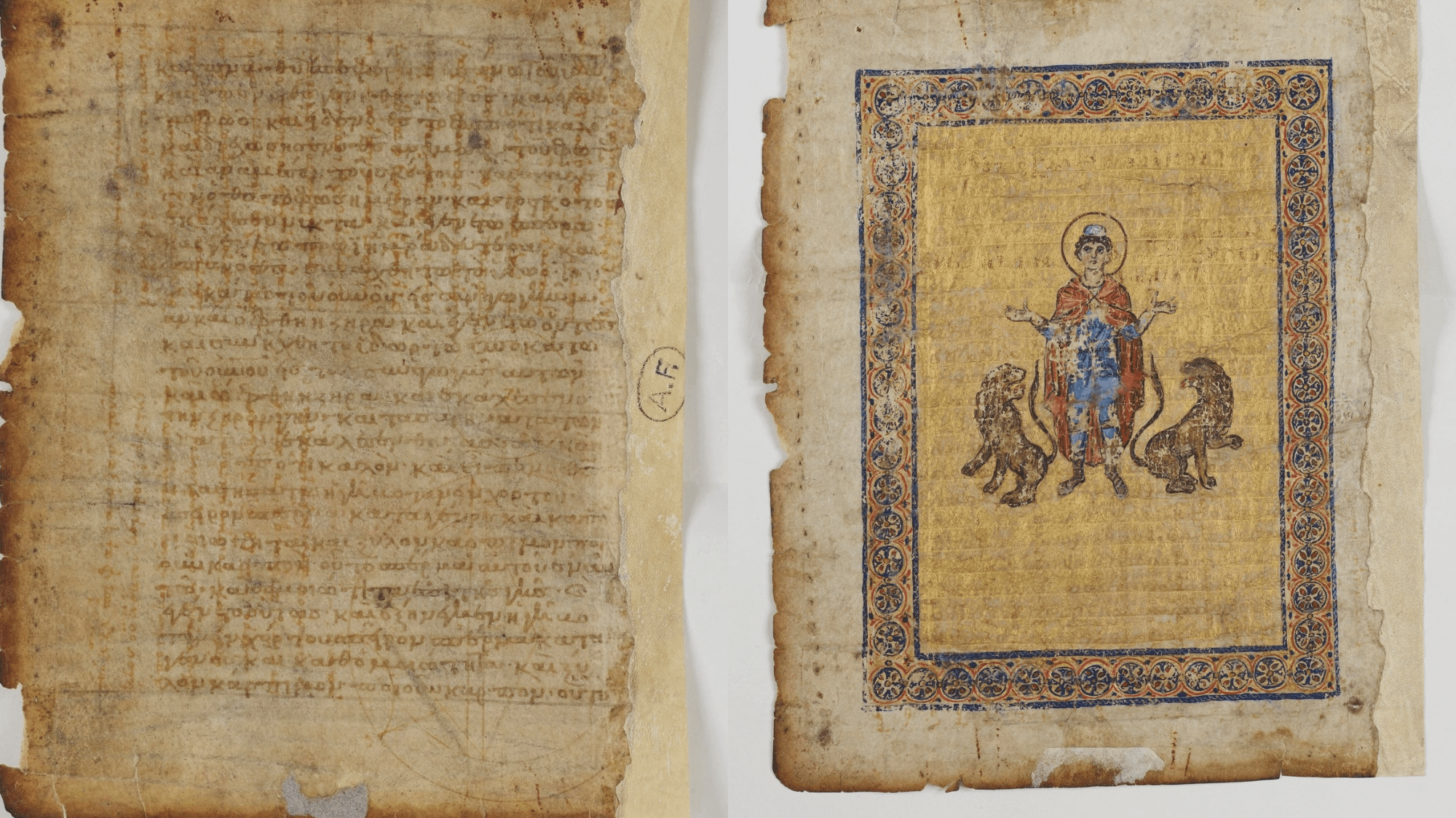 two pages of an ancient book. one has text while the other has an illustration of a saint