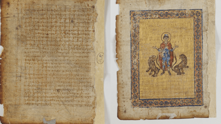 two pages of an ancient book. one has text while the other has an illustration of a saint