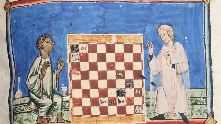 A black chess player about to win against a light-skinned cleric. Chess problem 88 in the Libro de axedrez, dados e tablas (Seville, 1283). Credit: Patrimonio Nacional. Real Biblioteca del Monasterio de El Escorial