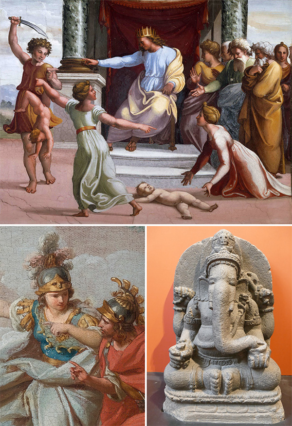 A collage of three images: a Renaissance painting of the Judgment of Solomon, a classical fresco of the goddess Athena (Minerva) in armor, and a stone statue of the Hindu deity Ganesha.