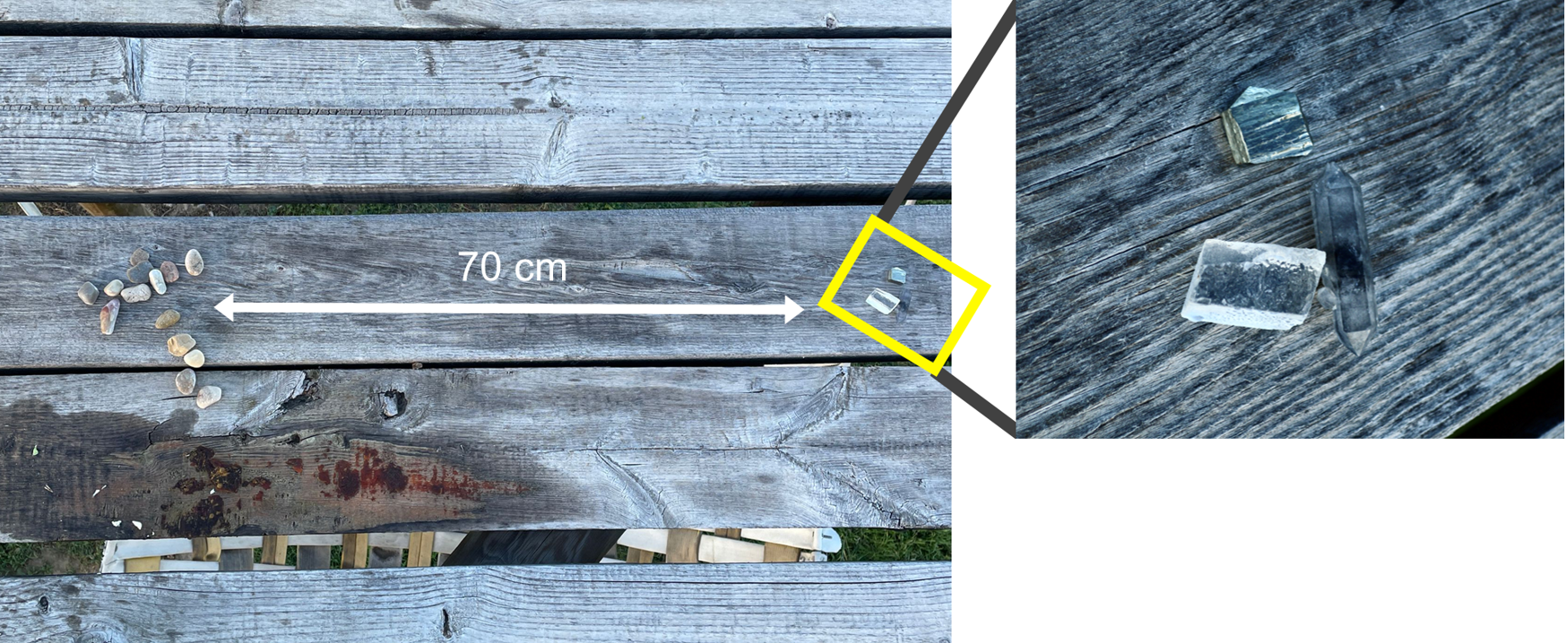 In experiment 2, Sandy separated three crystals from a pile of pebbles; on the right is a close-up view of the three separated crystals: quartz (right), pyrite (up), and calcite (bottom left)