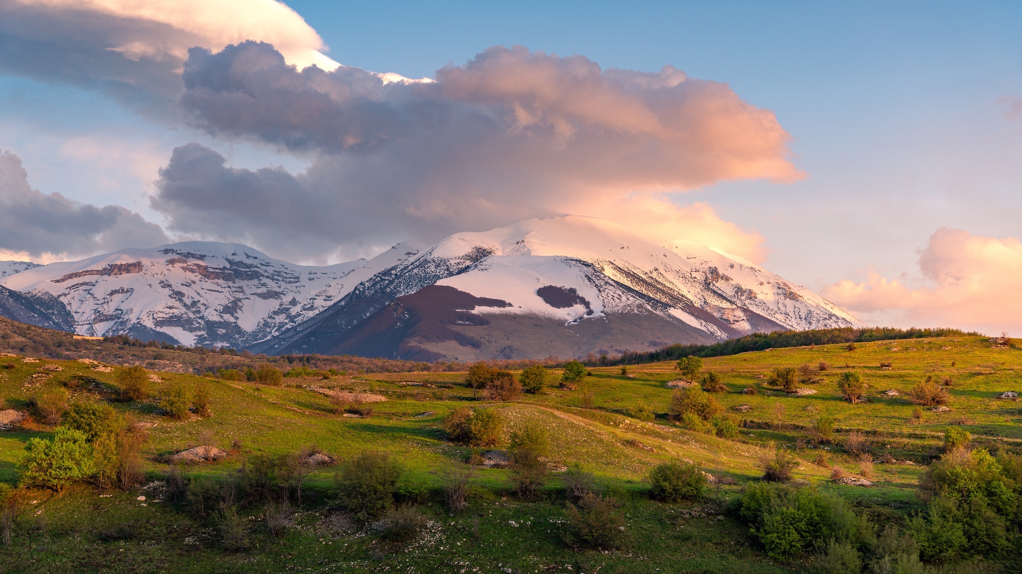 Majella National Park, Abruzzo, Italy. Sunset in Springtime