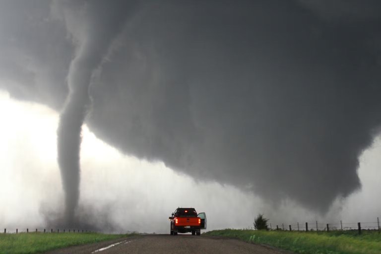 a truck and a tornado