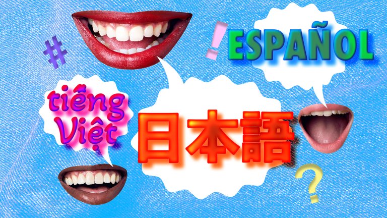 A vibrant digital collage on a textured blue background featuring several human mouths in various speaking poses. Speech bubbles emerge from the mouths containing text in different languages and scripts, including "ESPAÑOL", "日本語" (Japanese), and "tiếng Việt" (Vietnamese), accented by colorful symbols like a hashtag, exclamation point, and question mark.