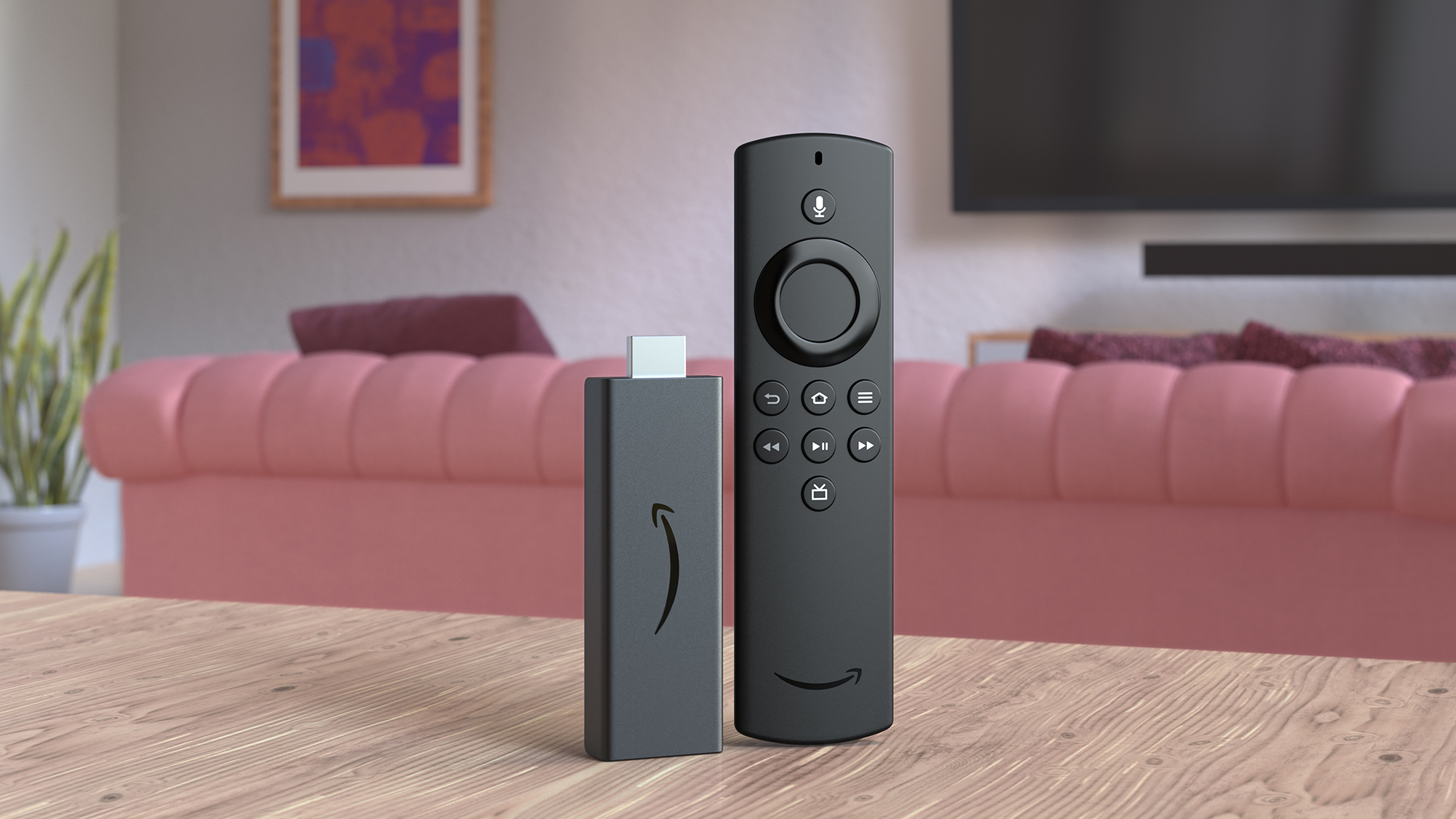 fire tv stick in front of pink sofa
