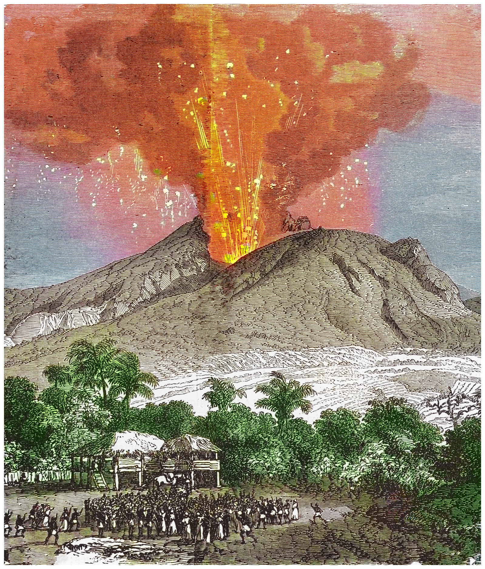 A colorful historical engraving depicts the catastrophic 1815 eruption of Mount Tambora on the island of Sumbawa. In the background, the massive volcano violently erupts, sending a towering column of fire, sparks, and thick reddish-orange smoke high into the sky. In the foreground, a group of villagers is gathered near palm trees and traditional thatched-roof houses, gesturing toward the explosion in alarm as debris falls from the air.