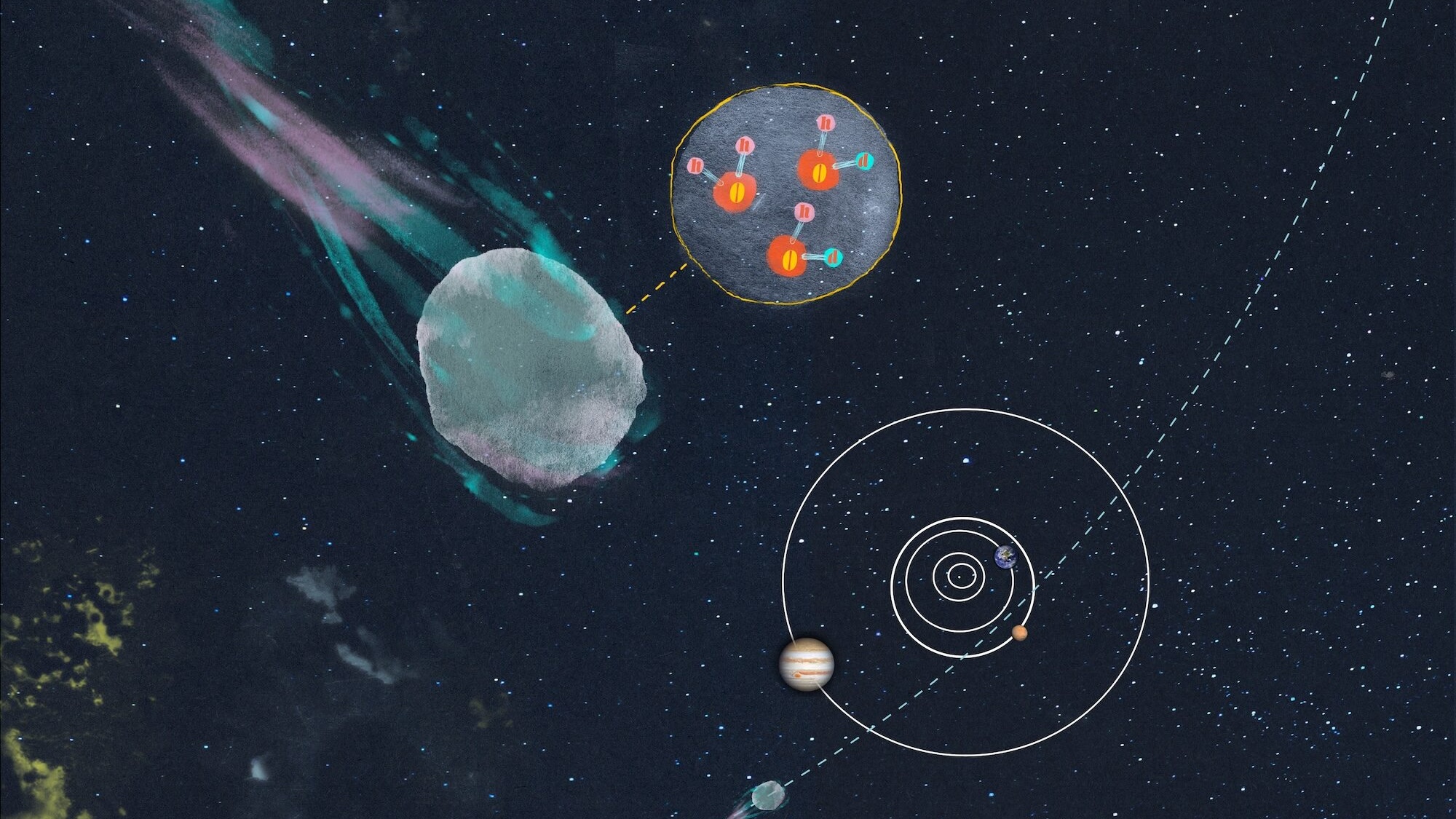 Illustration of comet in space with a close up of its H2O atomic content showing an extra neutron