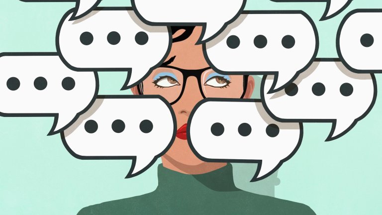 Text message chat speech bubbles covering the face of woman with eyeglasses