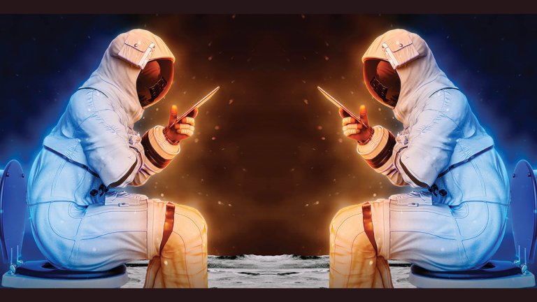 Illustration of two astronauts sitting on toilets while looking at their phones