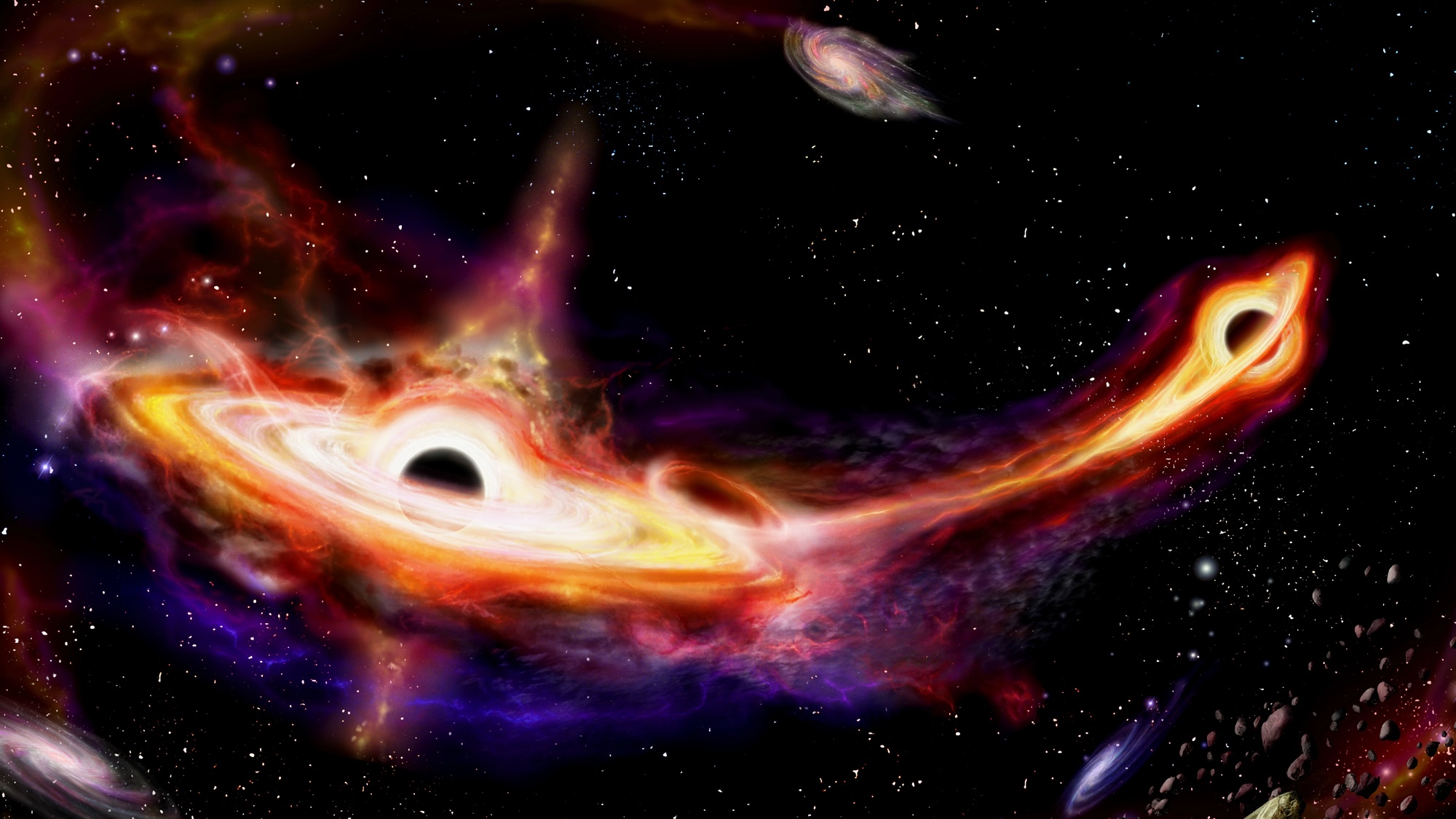 Illustration of two black holes nearing a collision with a beam of energy connecting them
