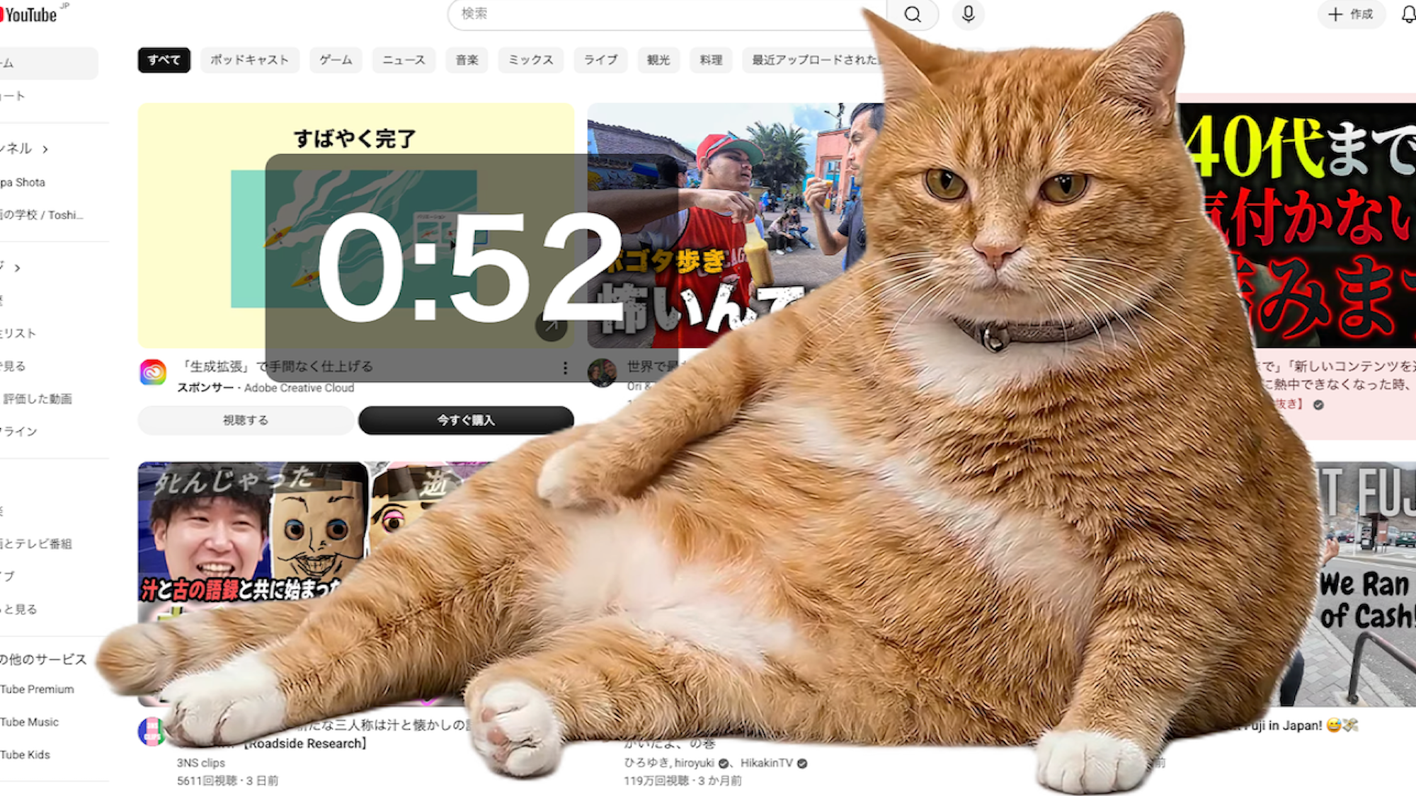 Screenshot of cat sitting in front of YouTube home page next to timer countdown