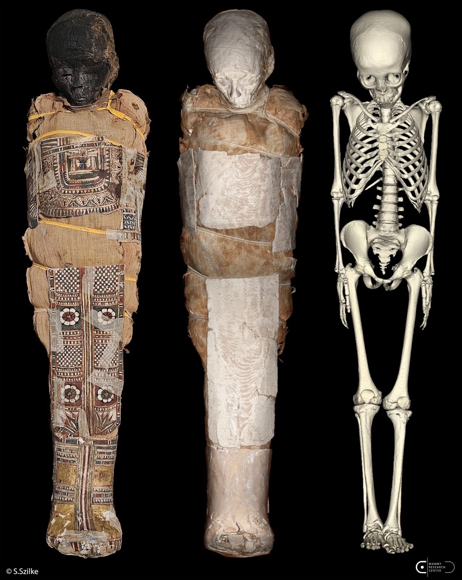 Three images of child mummy from 3D scans. Left is cartonnage, middle is mummy itself, third is the skeleton