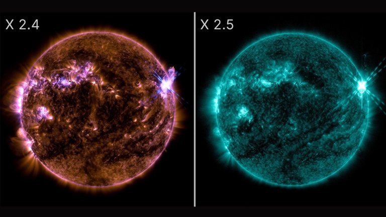 Images of two solar flares observed by NASA on April 23-24, 2026.