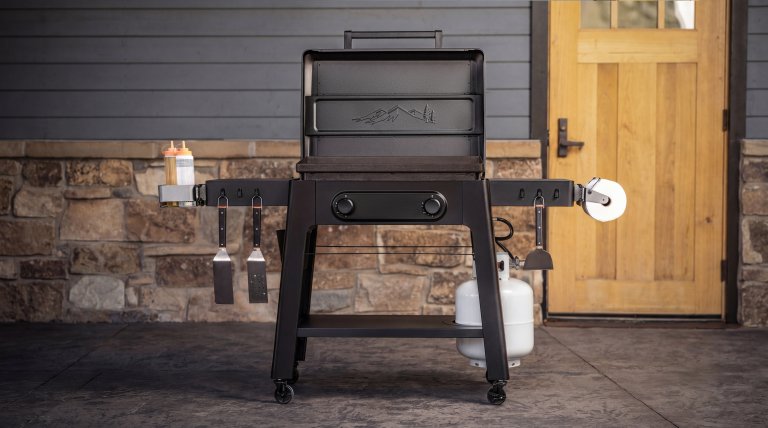 Traeger IronTop griddle 2-burner model on a patio