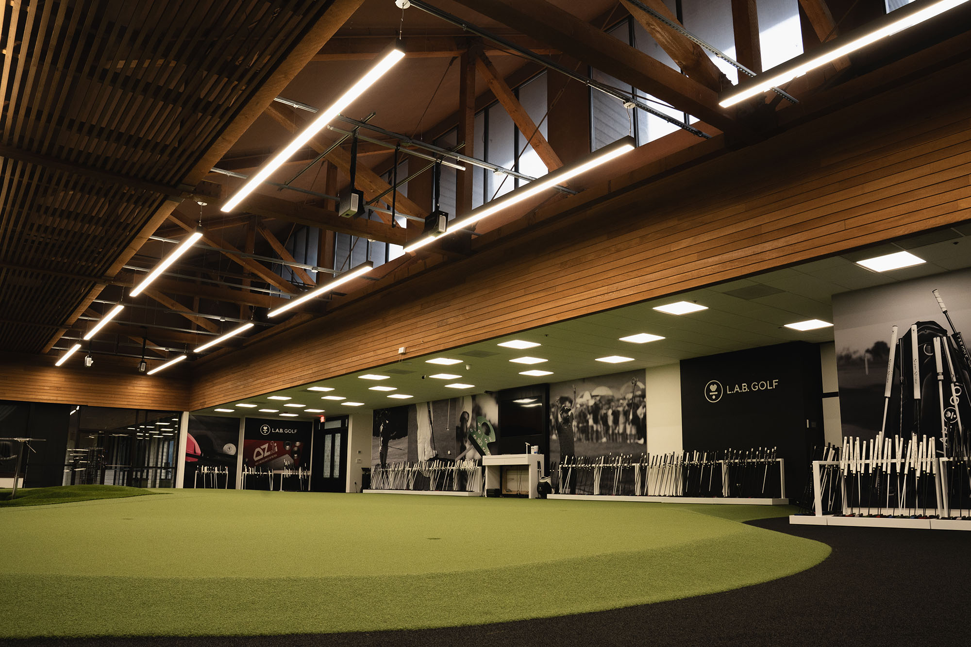 The inside of the finished L.A.B. Golf Fitting Studio in Creswell, Ore.