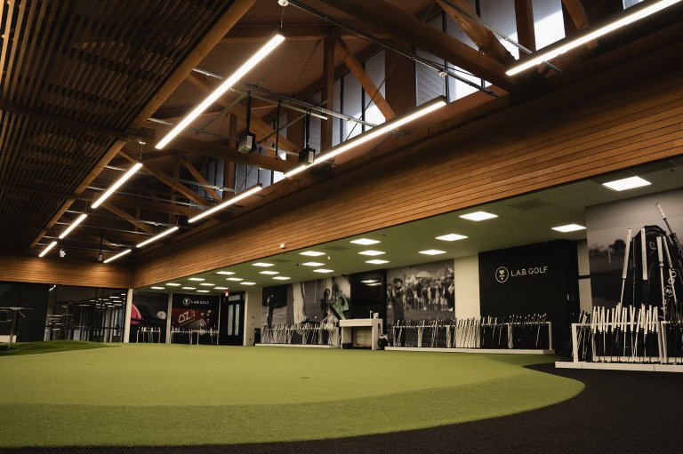 The inside of the finished L.A.B. Golf Fitting Studio in Creswell, Ore.