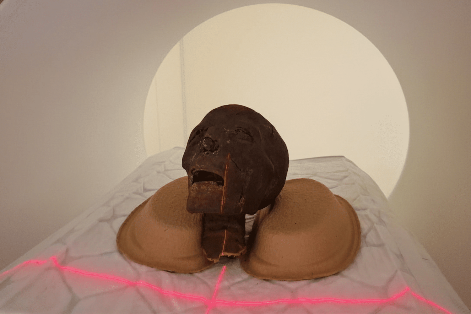 Mummy head placed in CT scanner