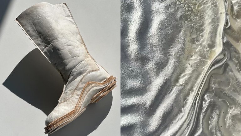 Side by side photos of white boot made from mushroom mycelium and a close up of the material itself