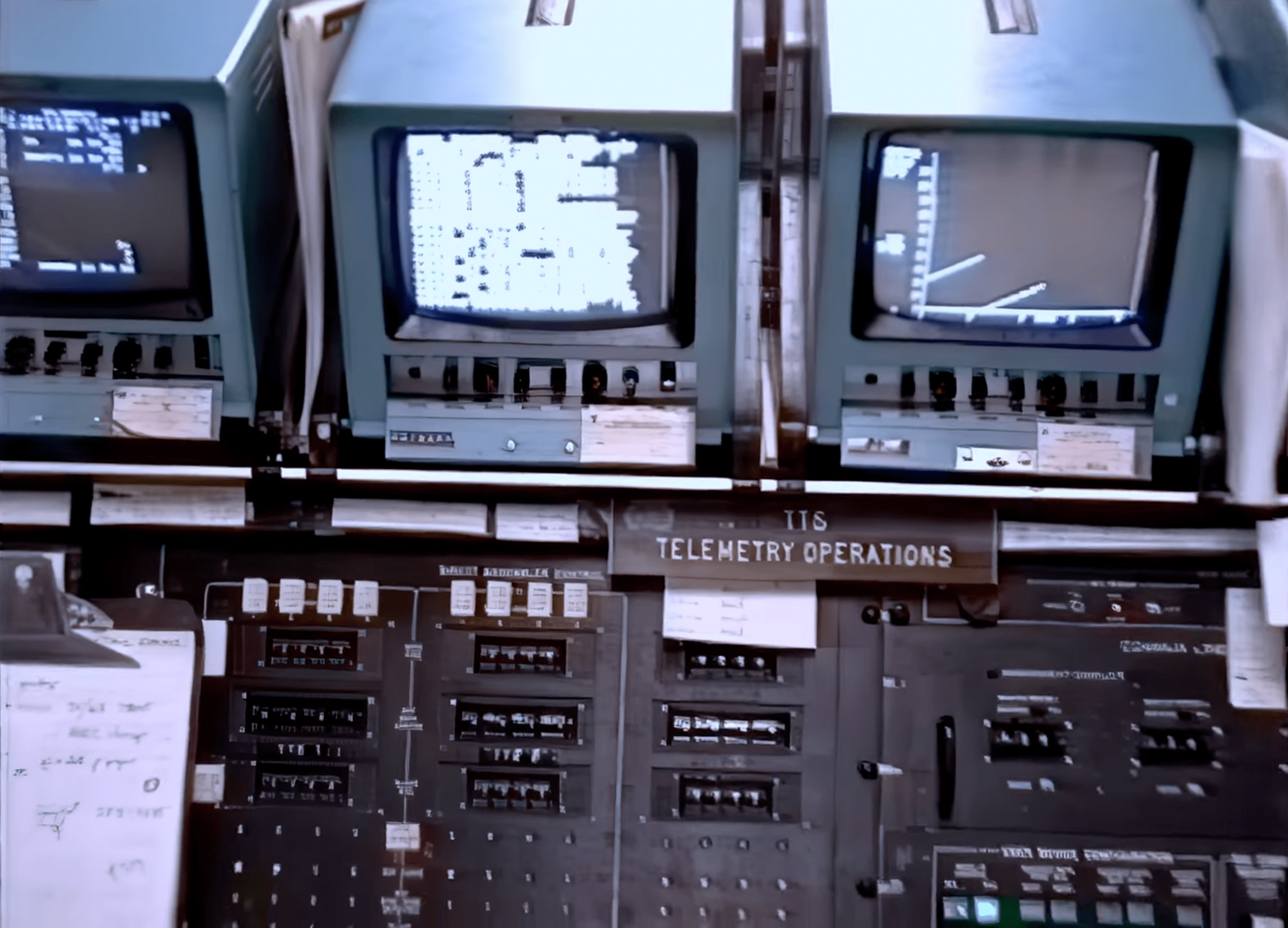 old computer screens and a console