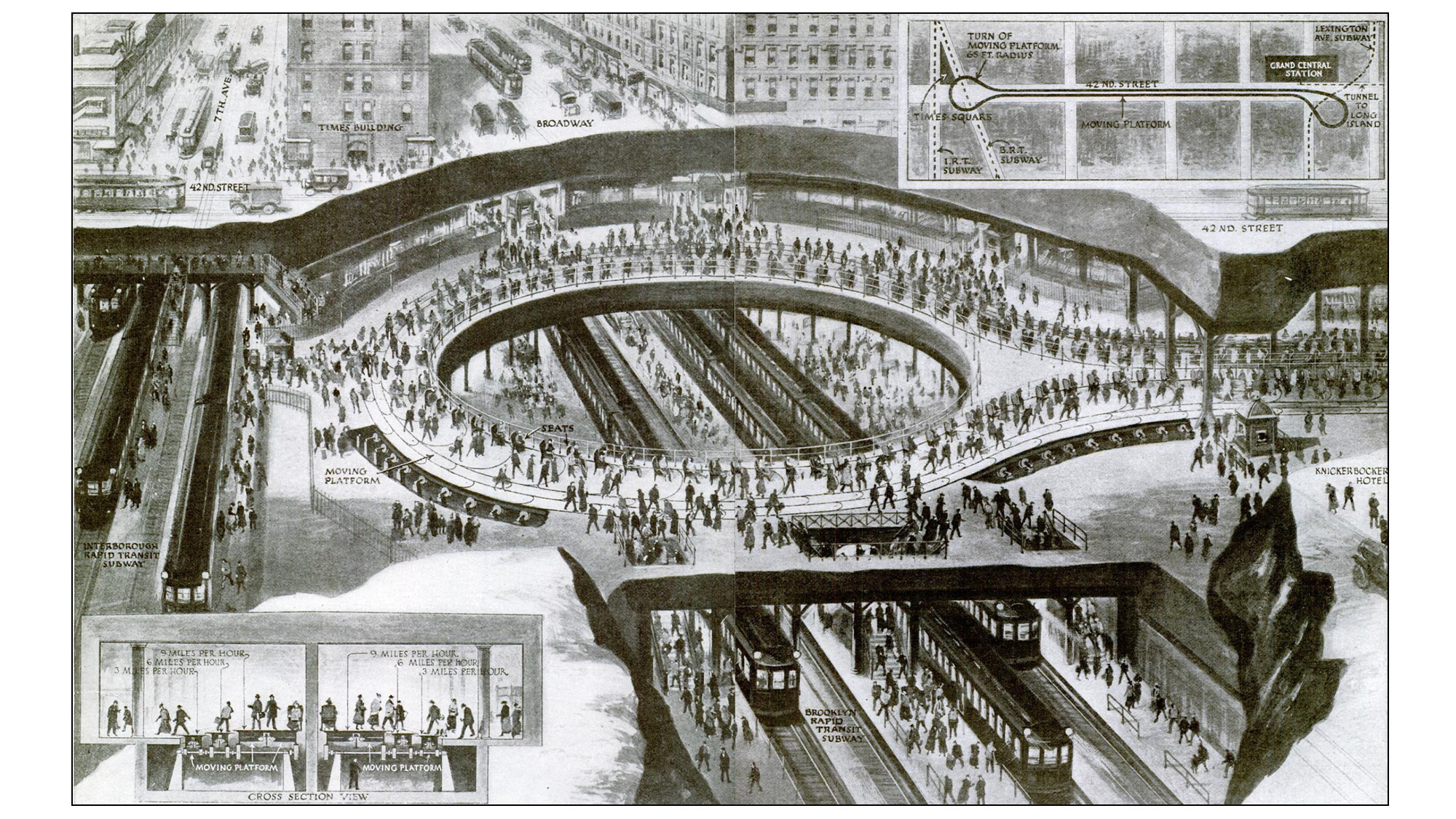 A detailed black-and-white historical illustration depicts a proposed underground moving sidewalk system connecting Grand Central Terminal to Times Square in New York City. The top of the image shows a street-level view of 42nd Street and the Times Building with trolleys and pedestrians. Below the street, a cutaway reveals a massive curved moving platform with built-in seats alongside the Interborough Rapid Transit Subway. A cross-section view at the bottom explains the mechanical design, showing three parallel tiers of platforms moving at graduated speeds of 3, 6, and 9 miles per hour to allow passengers to transition safely.