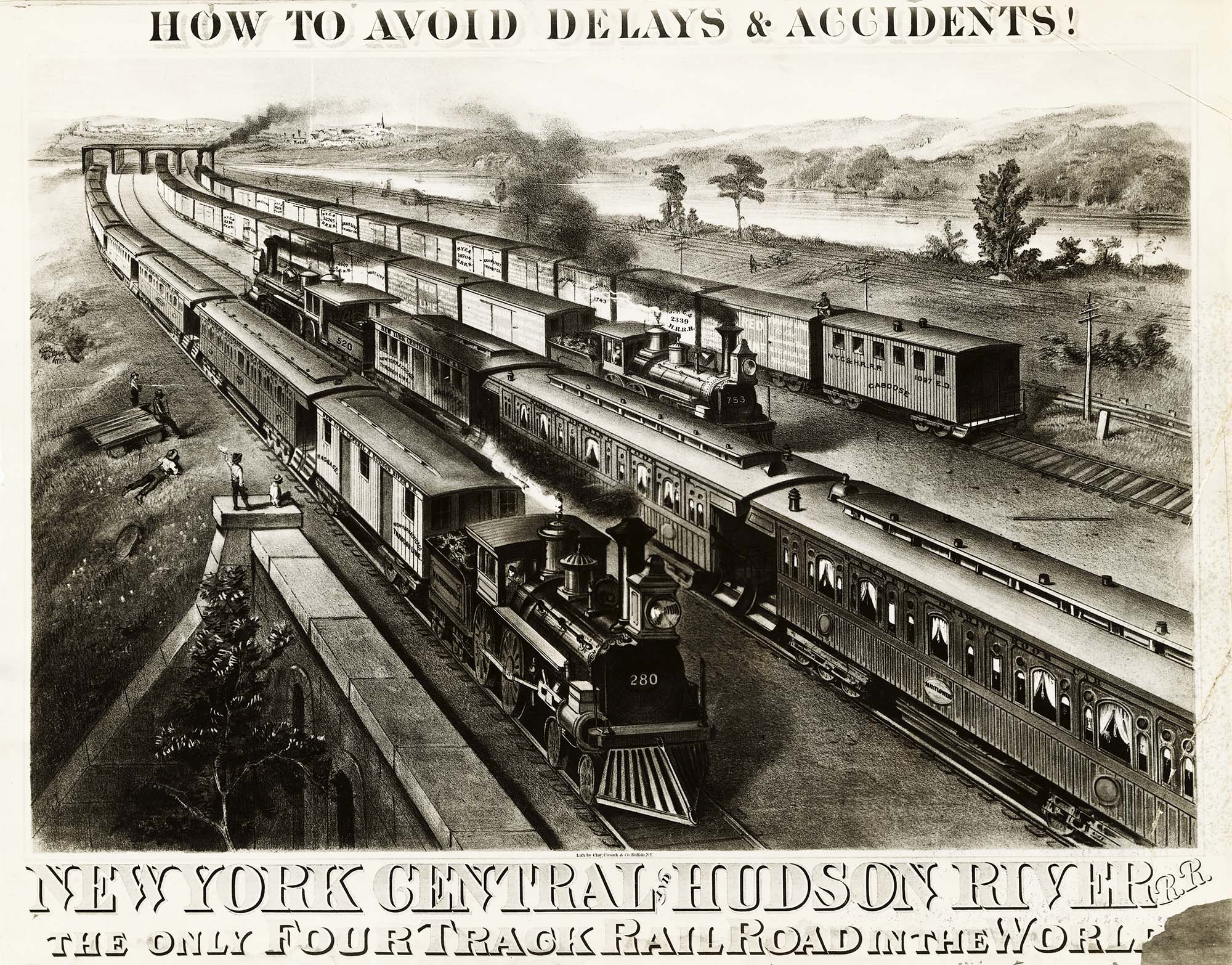 Illustration of New York Central and Hudson River Railroad. Engraving circa 1860s shows four different trains along four different tracks going different directions.
