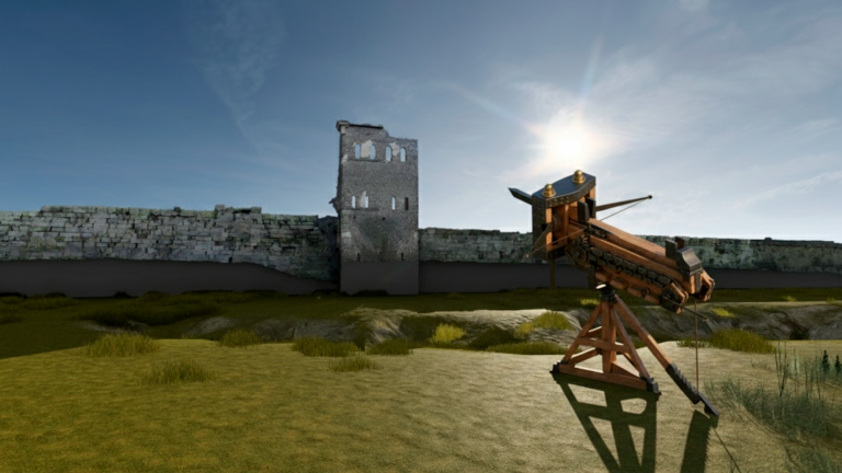 Rendering of a reconstructed polybolos within a virtual environment derived from reality-based documentation of the city walls. Digital survey and 3D model by S.B.; rendering and animation by V.C. with Lumion Pro Student 2024.