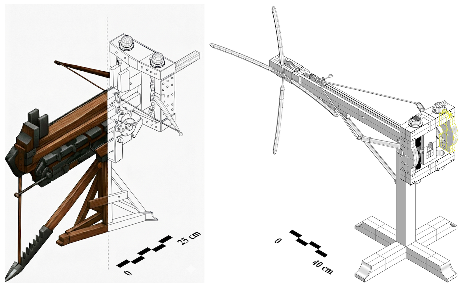 (Left), the axonometric hand drawing of the polybolos, by A.R., was partially colored by V.C. using the graphic post-production software GIMP 3.0.4.; (right), the 3D model by C. Formicola based on the surviving module of the Scorpion of Ampurias (highlighted in yellow, corresponding to an element of the propulsion system of the engine). Credit: Rossi, et al.