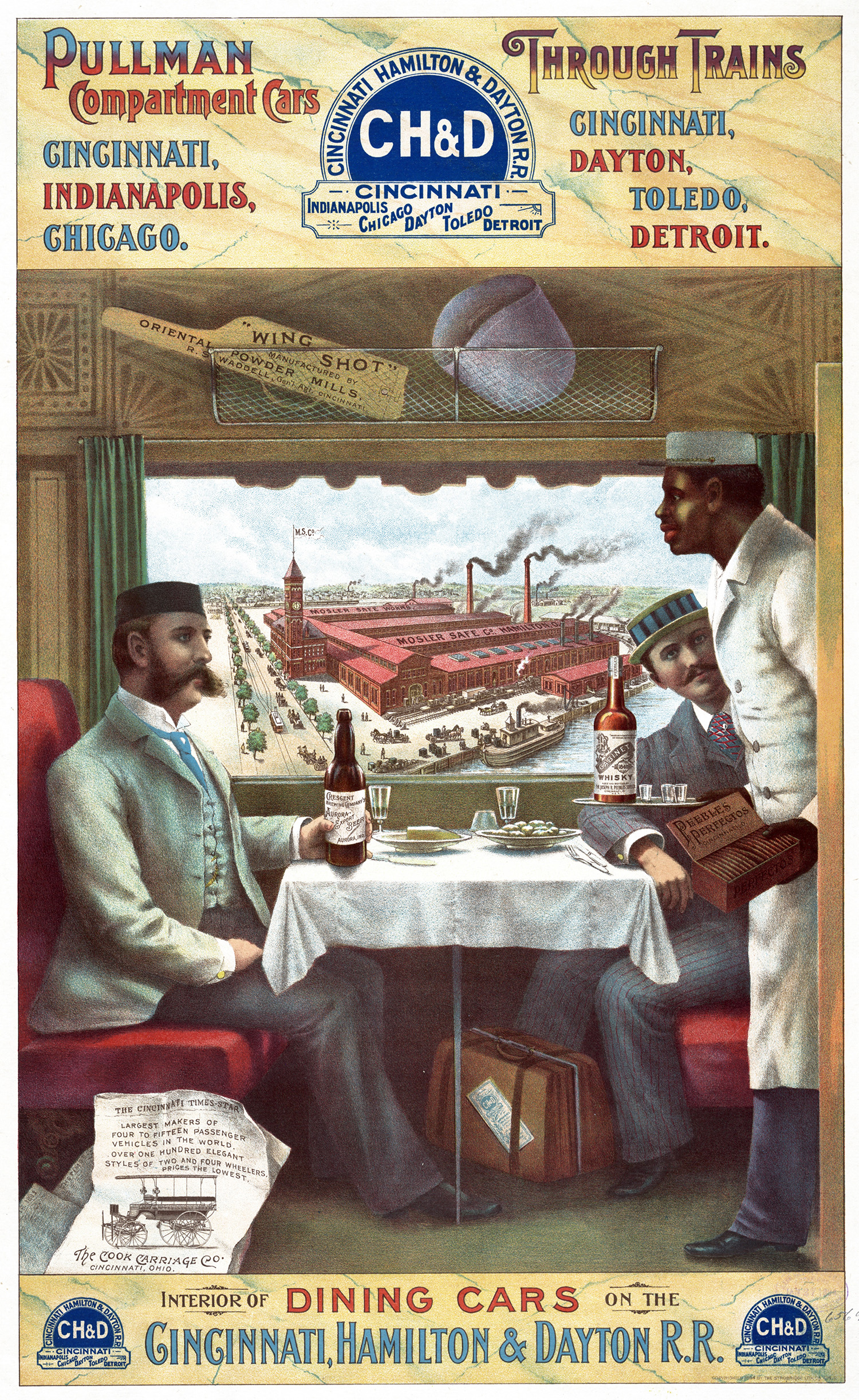 Pullman compartment interior of a dining car on the Cincinnati, 1894. Print shows two men seated at a table in a dining car on a train being served by a Black porter. The Mosler Safe Company in Cincinnati is seen through the window of the train.