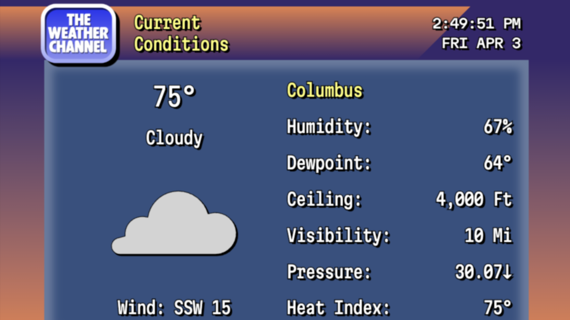 Screenshot of The Weather Channel's RetroCast Now website showing forecast with its aesthetics from the 90s and 2000s