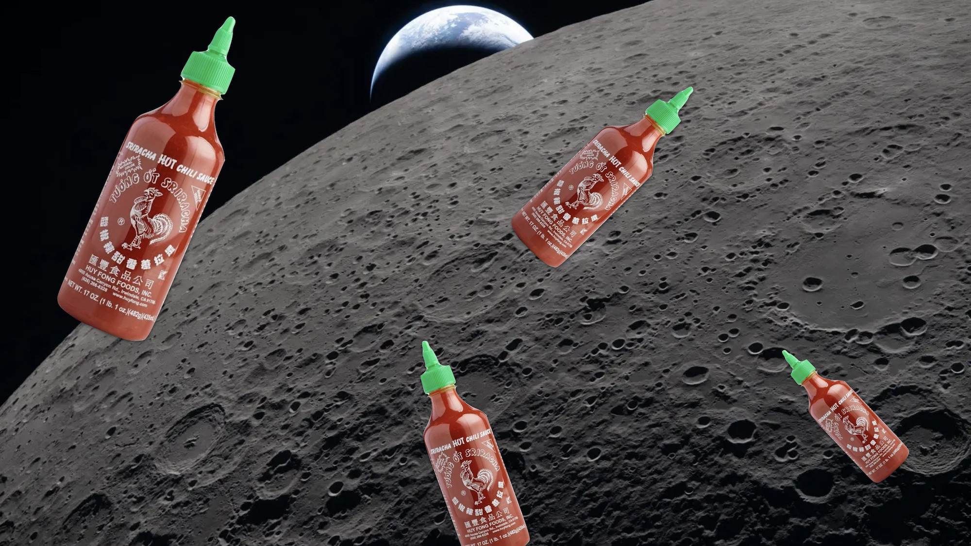 Multiple Sriracha bottles photoshopped floating above the lunar landscape during earthrise