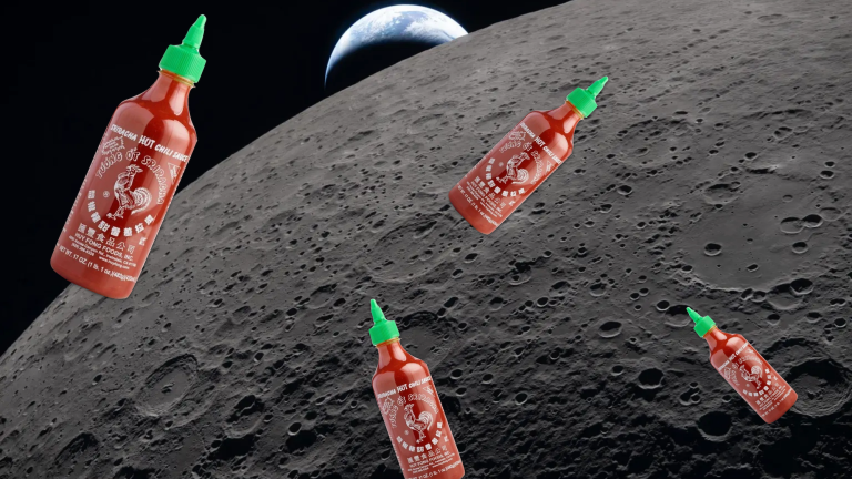 Multiple Sriracha bottles photoshopped floating above the lunar landscape during earthrise