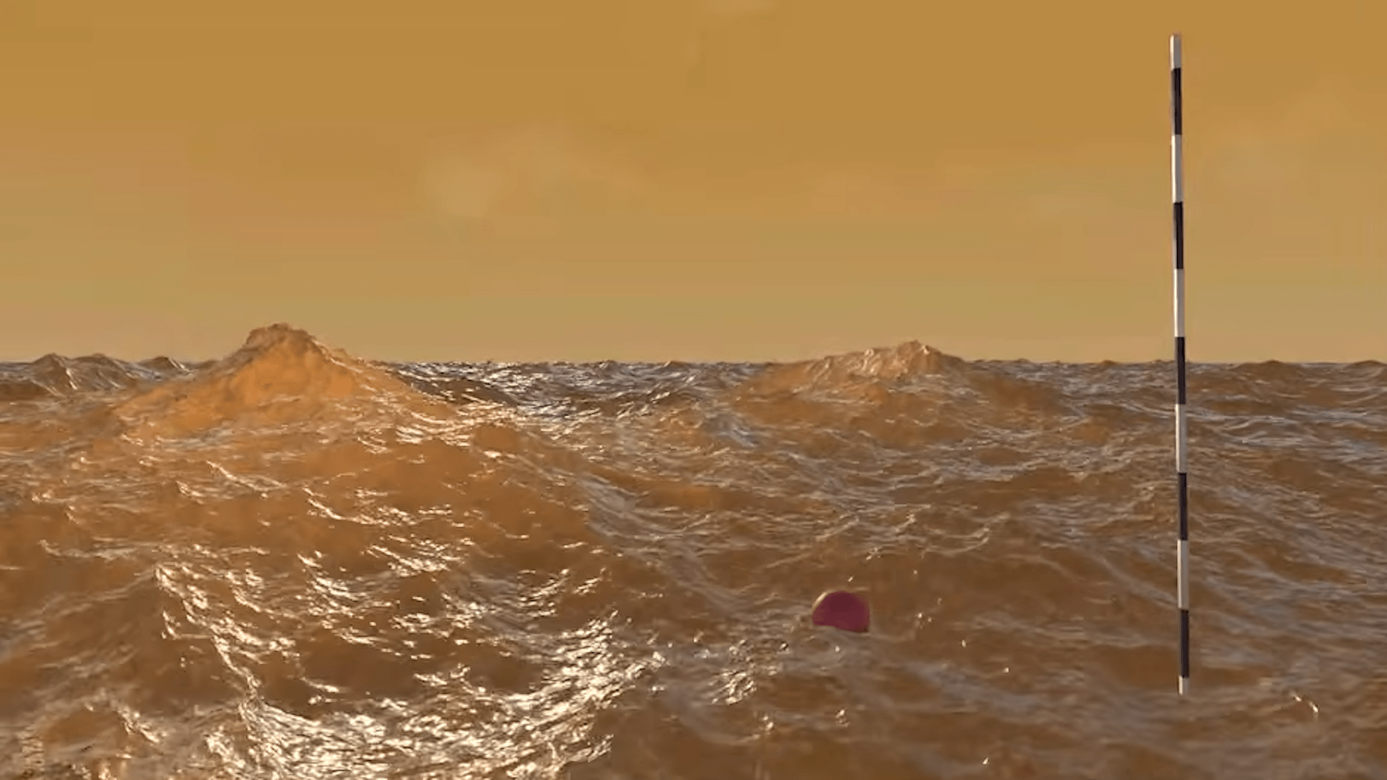 Video screenshot of simulated hydrocarbon ocean on Titan. The waves are very pronounced