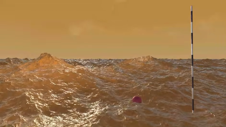 Video screenshot of simulated hydrocarbon ocean on Titan. The waves are very pronounced