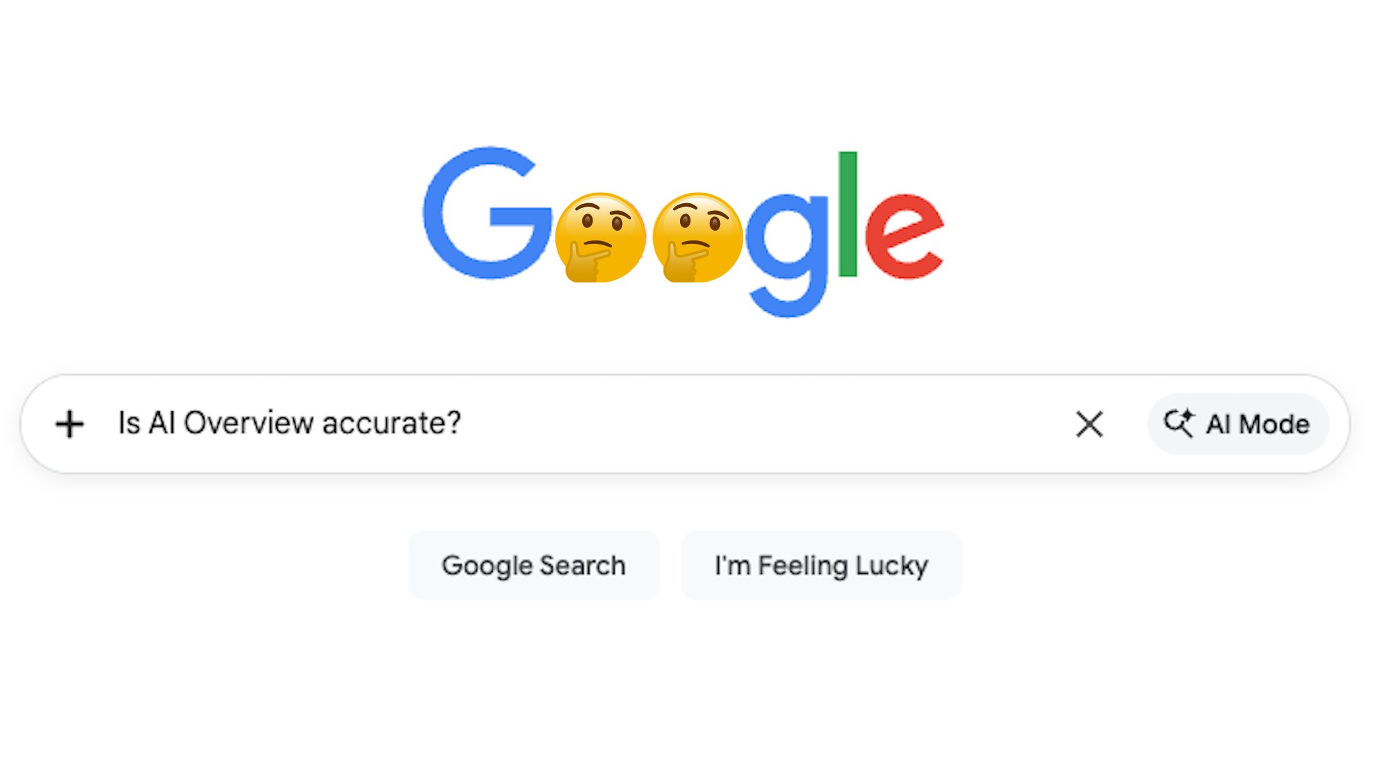 Google search page with 'Is AI Overview accurate?' -- the thinking emojis are placed over the two o's in Google