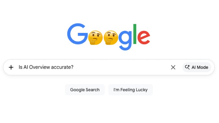 Google search page with 'Is AI Overview accurate?' -- the thinking emojis are placed over the two o's in Google