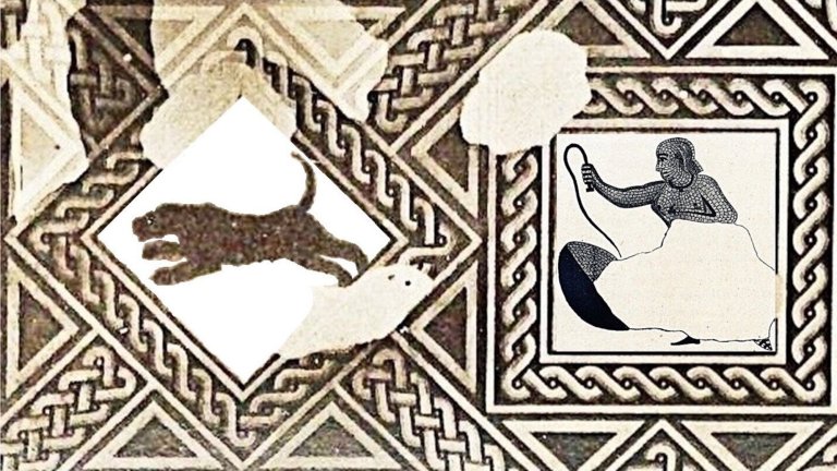 Roman mosaic depicting bare chested woman armed with whip chasing a leopard
