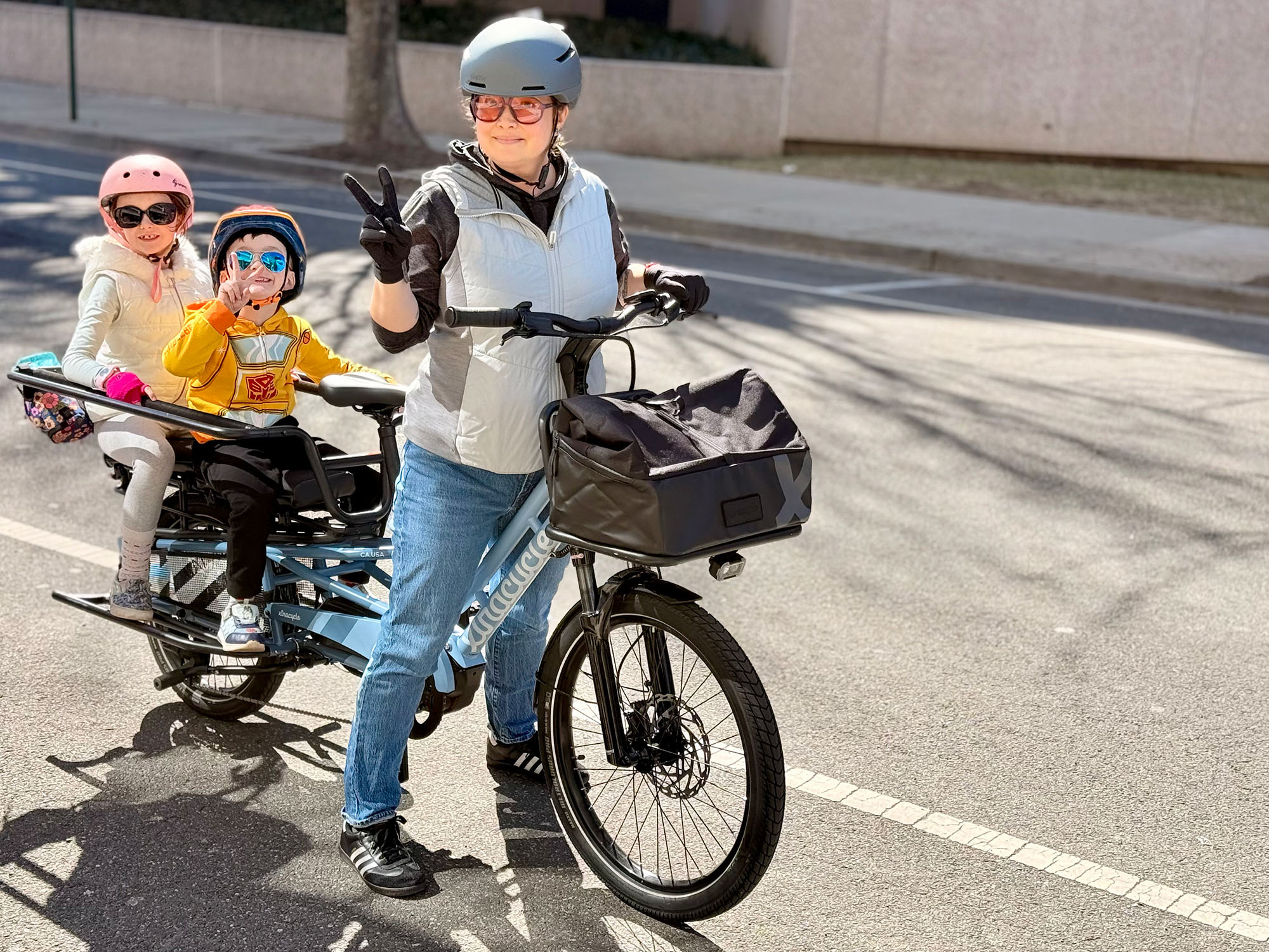 The author with a niece and nephew on the Xtracycle Swoop ASM cargo ebike