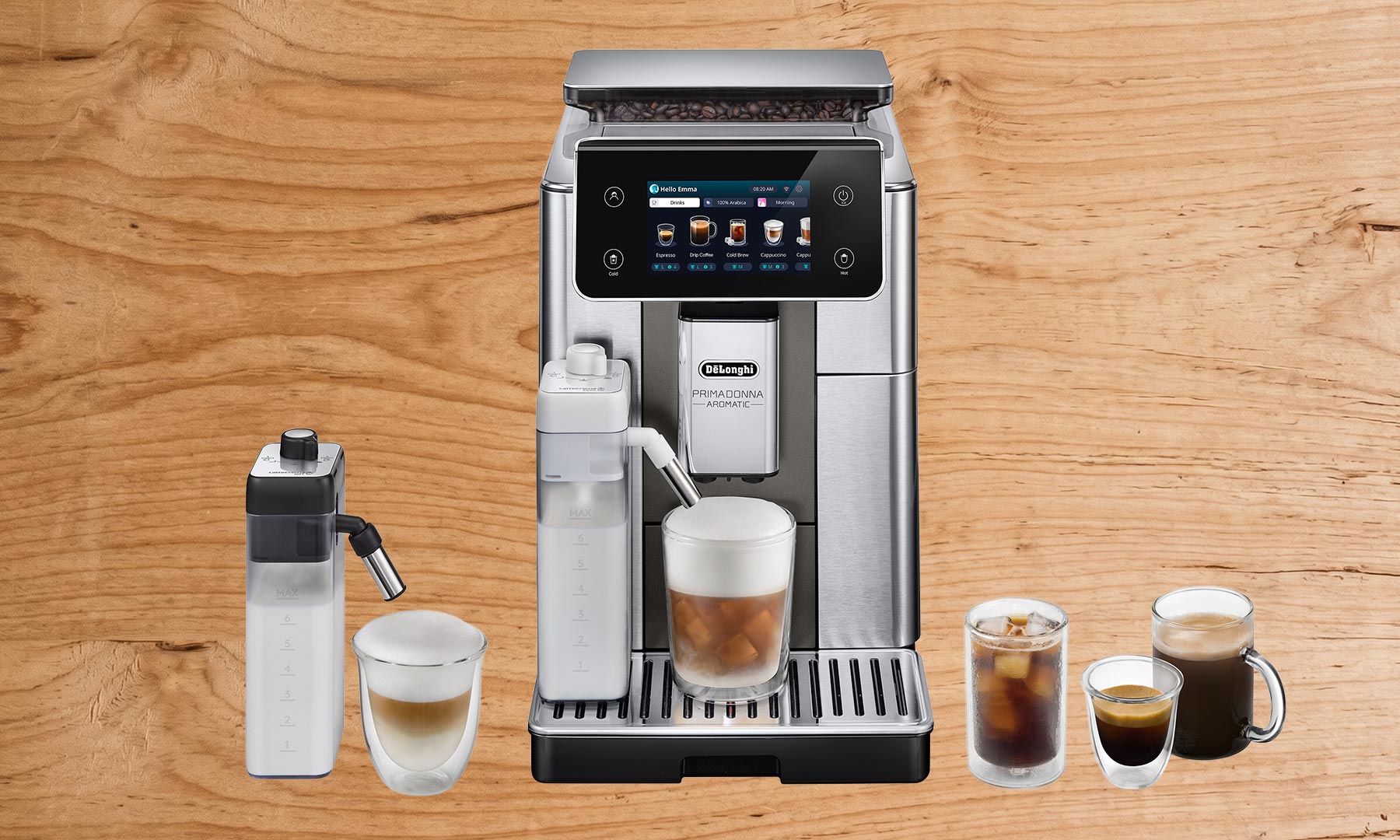 De'Longhi PrimaDonna Aromatic automatic espresso machine with drinks around it