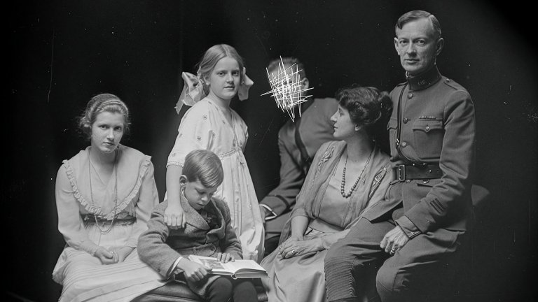 Black and white family photograph showing six people in a family. One brother's face is scratched out.