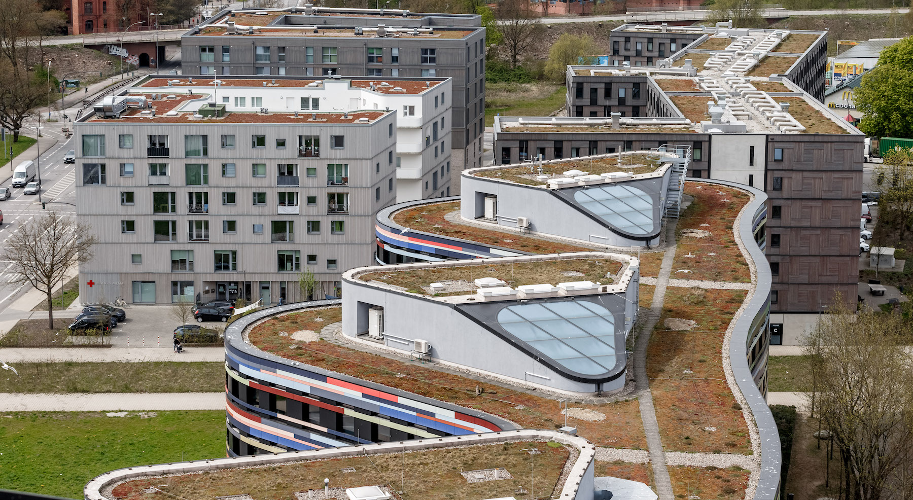 21 April 2022, Hamburg: Green roofs can be seen on new buildings in Hamburg's Wilhelmsburg district. Biodiversity thrives on them and they help to dampen urban warming caused by climate change. (to dpa: "The big crawl - green roofs with a surprising amount of biodiversity") Photo: Markus Scholz/dpa (Photo by Markus Scholz/picture alliance via Getty Images)