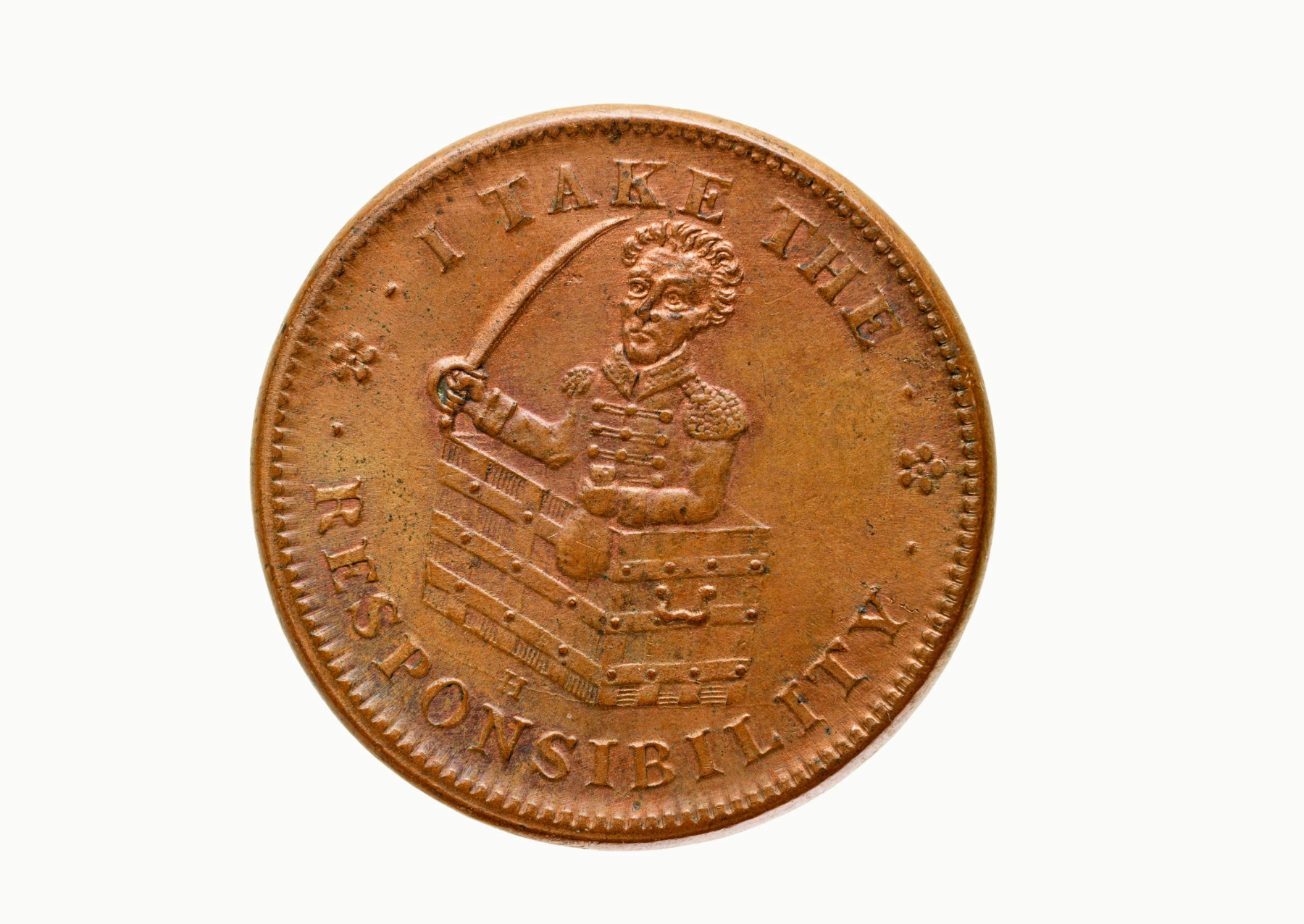 a satirical coin that reads "i take the responsibility" with a man with curly hair holding a sword in one hand, a bag of money in the other, and sitting in a wooden crate