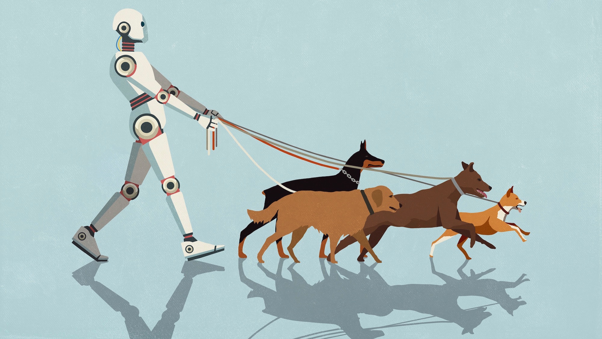 Humanoid robot walking dogs on leashes against blue background