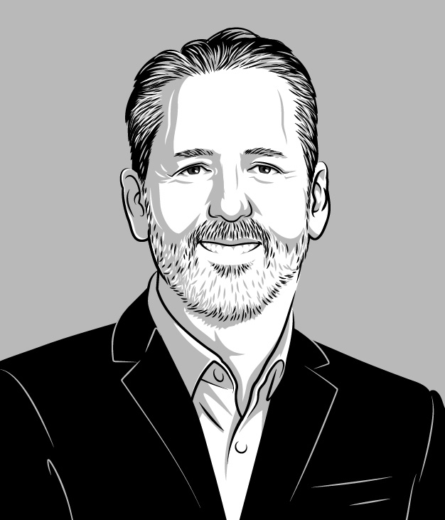 Black and white cartoon-ish illustration showing an older white man in a suit with a beard and hair.