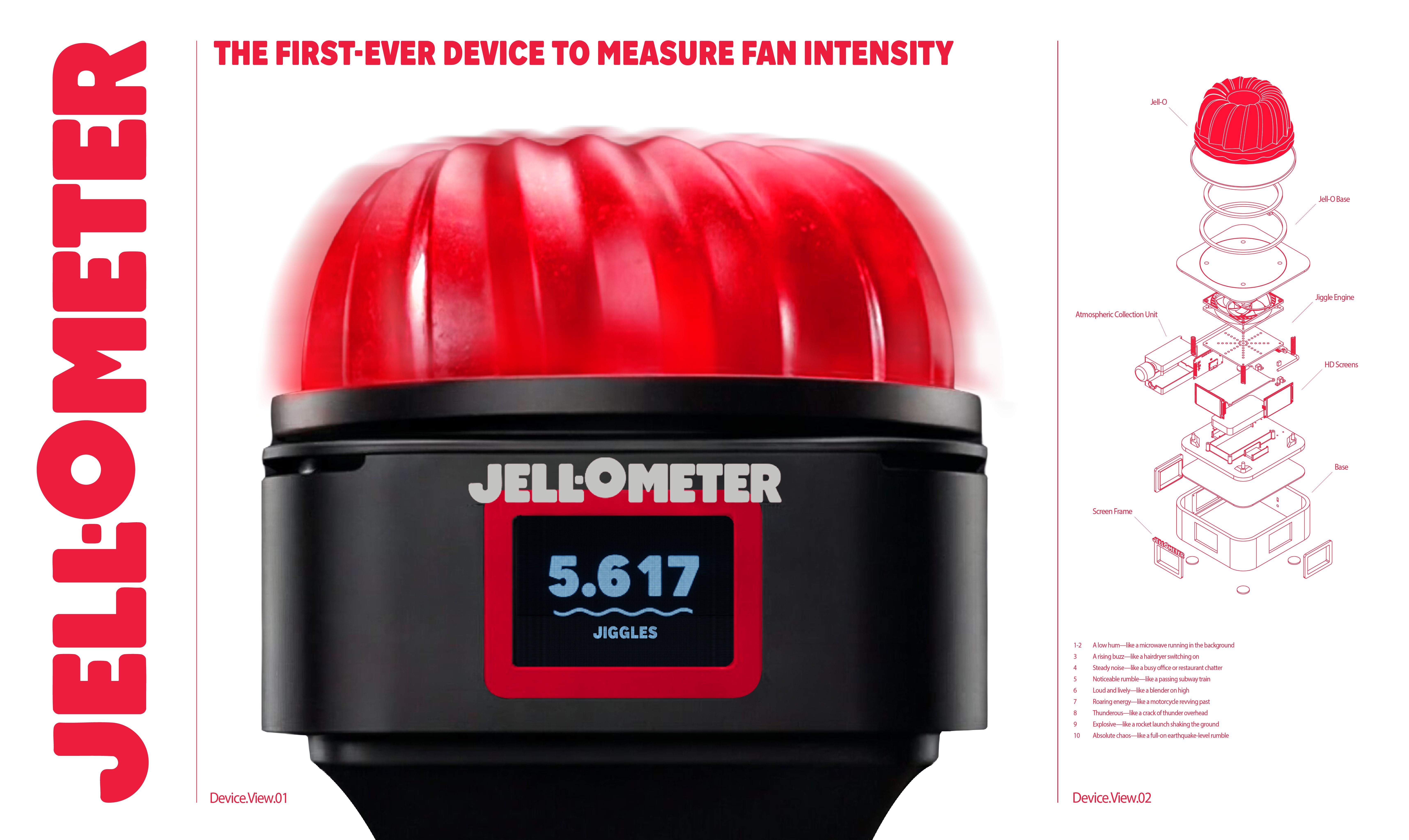 A black machine with a piece of red Jell-O on top. It jiggles with crowd volume. Diagram shows how the machine works and is assembled.