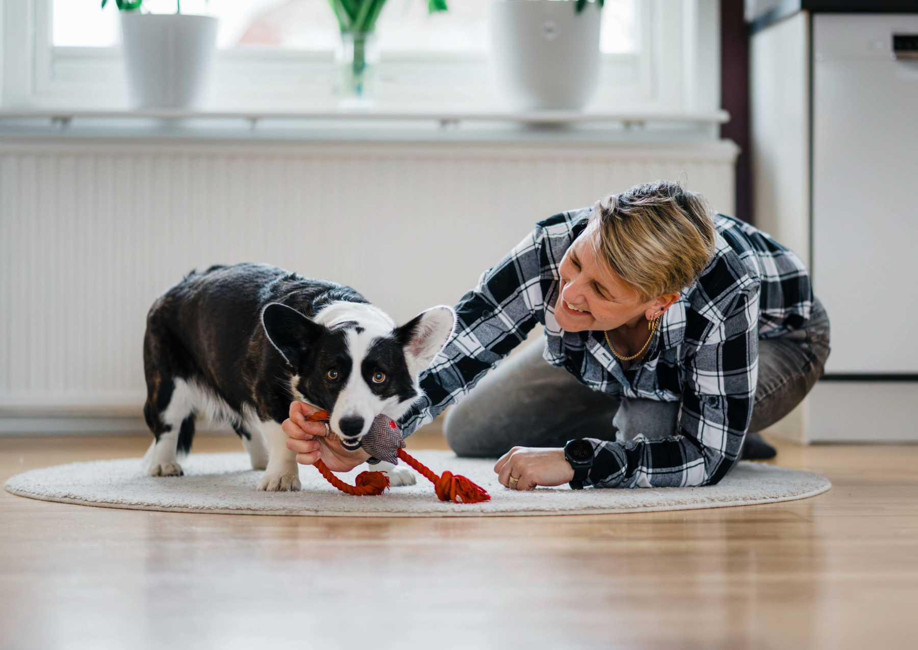 a woman plays with a black and white dog