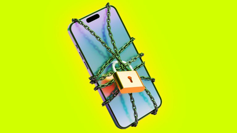 A digital 3D illustration shows a modern smartphone tightly wrapped in heavy green chains and secured with a large, golden padlock against a vibrant lime-green background. The phone's screen reflects a soft, multicolored gradient, suggesting it is powered on but physically inaccessible. The image serves as a visual metaphor for digital lockouts, mobile security, or the concept of a "digital detox".