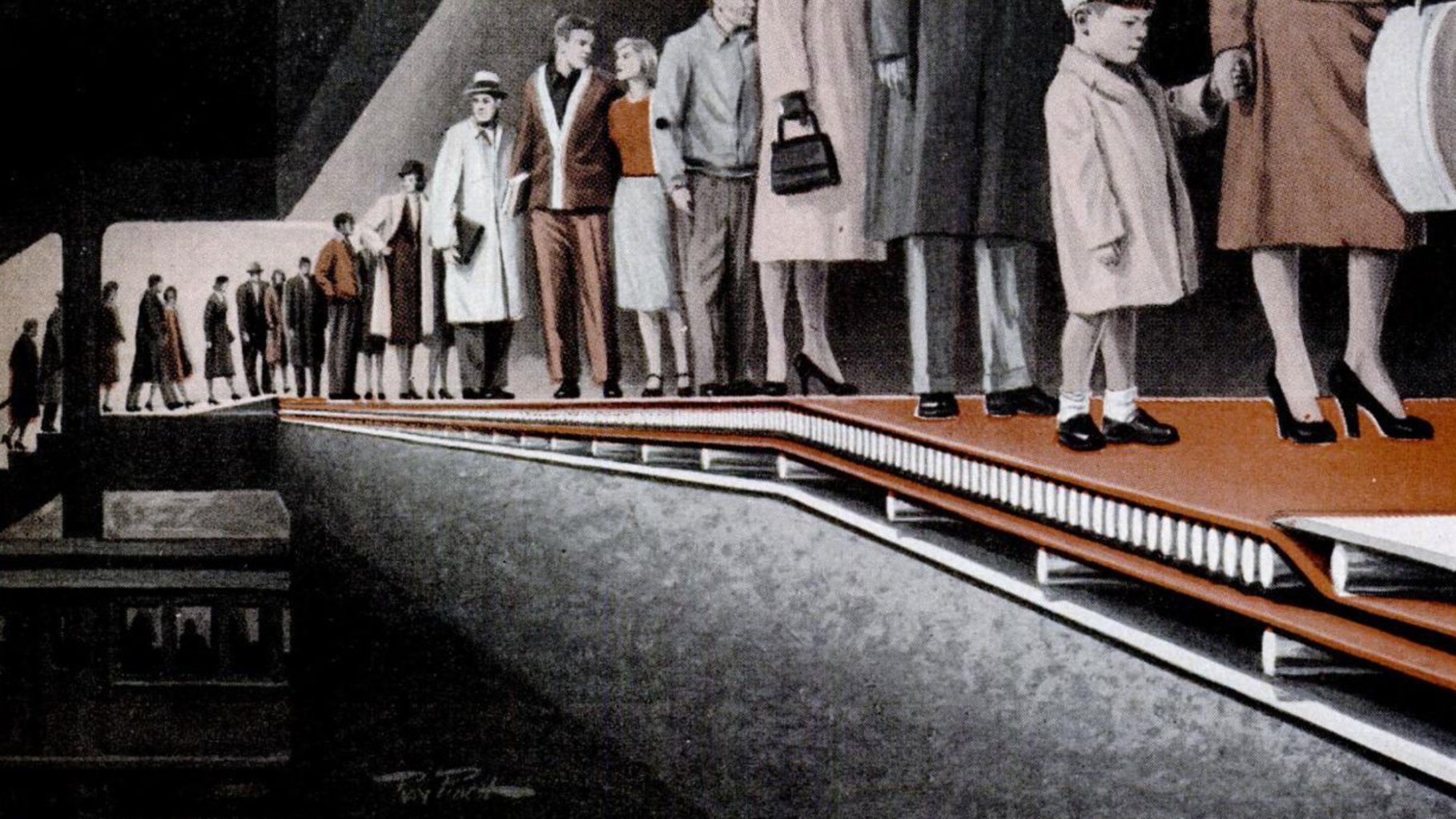A retro-style color illustration depicts a cross-section of a futuristic multi-tiered moving sidewalk system. A group of elegantly dressed commuters from the mid-20th century stand on an elevated, reddish-brown platform that is supported by a series of visible white mechanical rollers. The illustration shows three parallel platforms layered at slightly different heights to indicate varying speeds, with a dark subterranean tunnel and a stationary train car visible in the lower-left corner.