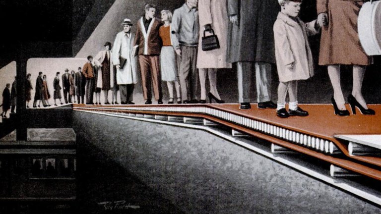 A retro-style color illustration depicts a cross-section of a futuristic multi-tiered moving sidewalk system. A group of elegantly dressed commuters from the mid-20th century stand on an elevated, reddish-brown platform that is supported by a series of visible white mechanical rollers. The illustration shows three parallel platforms layered at slightly different heights to indicate varying speeds, with a dark subterranean tunnel and a stationary train car visible in the lower-left corner.
